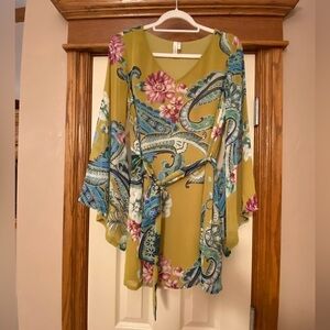 Anthropologie Hello Miss Womens Top V Neck Floral Tie Belt Tunic Sz M